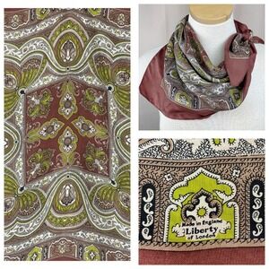 Vintage LIBERTY LONDON Silk Twill Scarf 27" Square Brown Green Black
